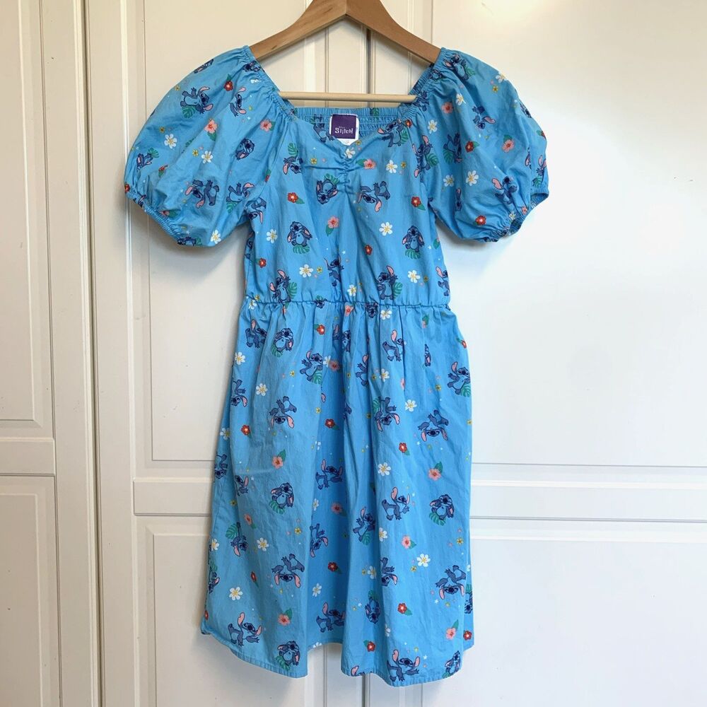 Disney Stitch Blue Dress Cotton Puff Short Sleeve Girls Size XL